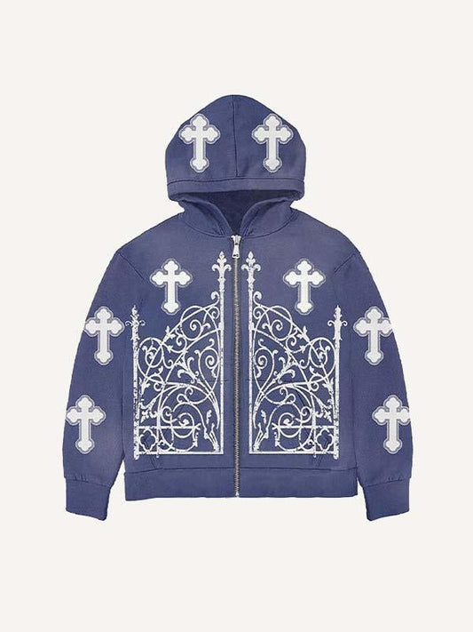 Cross&Graphic Print Zip Up Hooded Coat