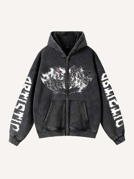 Letter Graphic Print Zip Up Slant Pockets Hooded Coat