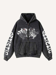 Letter Graphic Print Zip Up Slant Pockets Hooded Coat