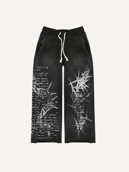 Skull&Cross&Graphic Print Elastic Waist Pants