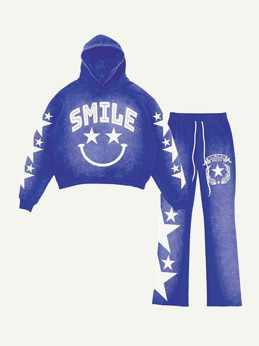 Star&Letter&Smile Print Elastic Waist Two-Piece Set