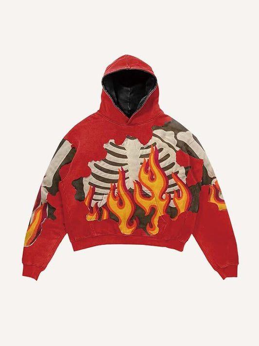 Fire&Skeleton Kapuzenpullover mit Faux Decal Print und schrägen Taschen