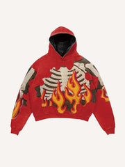 Fire&Skeleton Faux Decal Print Slant Pockets Hoodie