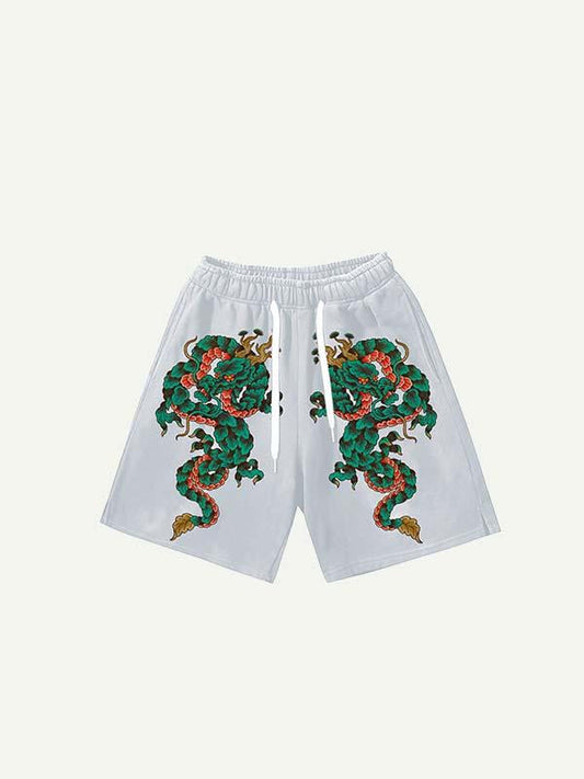 Dragon Print Drawstring Waist Shorts