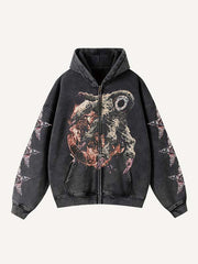 Skeleton Palm&Eyeball&Letter Graphic Zip Up Slant Pockets Hooded Coat
