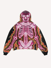 Pink Skeleton Print Slant Pockets Hoodie