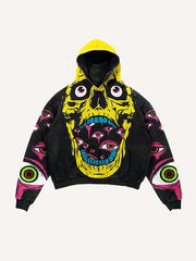 Skull&Eye Print Slant Pockets Hoodie