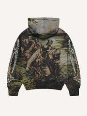Soldier&Letter&Graphic All Over Print Zip Up Hooded Coat