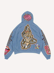 Skeleton Injection Medicine&Letter Faux Decal Print Slant Pockets Hoodie