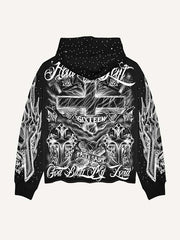 Fire Cross&Letter Print Zip Up Hooded Coat