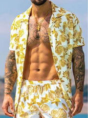 Hawaiian Floral Leaf Graphic Patch Pocket Drawstring Waist Two-Piece Set