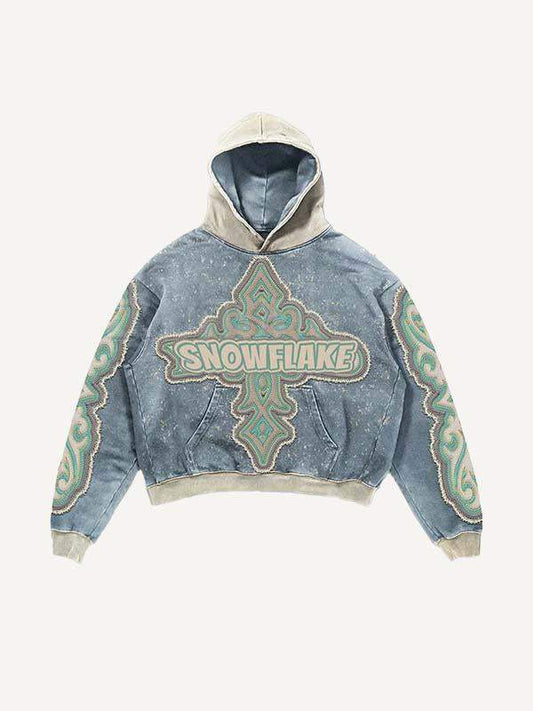 Colorblock Cross&Letter Faux Decal Print Slant Pockets Hoodie