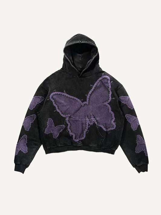 Butterfly Faux Decal Print Slant Pockets Hoodie