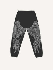 Wing Faux Rhinestones Print Elastic Waist Pants