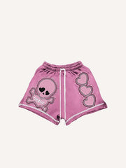 Shorts mit Totenkopf-, Herz- und Buchstaben-Imitat-Aufkleber-Print und Kordelzug in der Taille