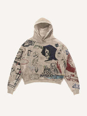 Skeleton&Letter Graffiti Print Slant Pockets Hoodie