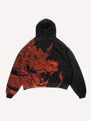 Dragon Print Slant Pockets Hoodie