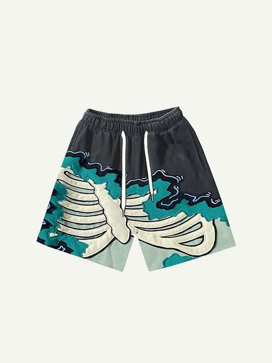 Colorblock Skeleton Faux Decal Print Drawstring Waist Shorts
