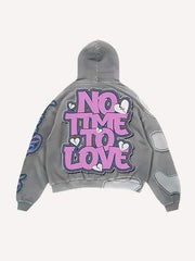 No Time To Love&Heart Faux Decal Print Slant Pockets Hoodie