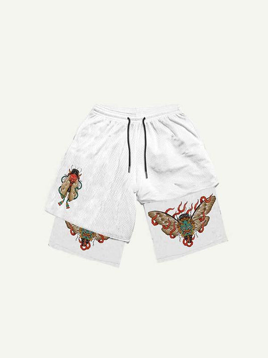 Fake Two Pieces Demon Fire Butterfly Print Drawstring Waist Shorts