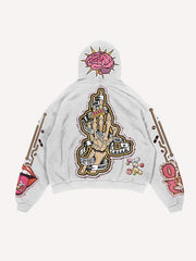 Skeleton Injection Medicine&Letter Faux Decal Print Slant Pockets Hoodie