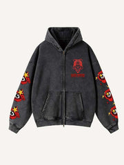 Alien&Eye&Letter Print Zip Up Slant Pockets Hooded Coat