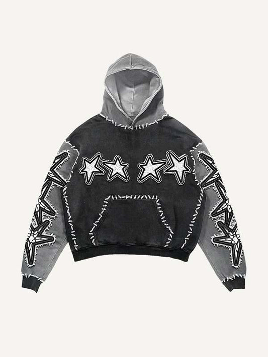 Colorblock Star&Skeleton Pray Faux Decal Print Slant Pockets Hoodie
