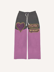 Colorblock Heart&Letter Faux Decal Print Elastic Waist Pants