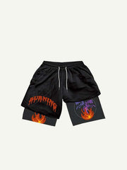 Fake Two Pieces Fire&Letter&Snake Print Drawstring Waist Shorts