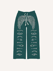Wing&Letter Faux Decal Print Elastic Waist Pants