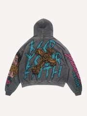 Figure&Letter&Cross Print Slant Pockets Hoodie