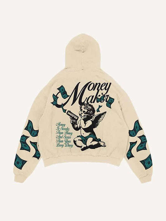 Kapuzenpullover mit Engel-, Buchstaben- und Geld-Print und schrägen Taschen