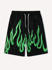 Green Fire Print Drawstring Waist Two-Piece Set