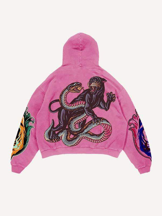 Kapuzenpullover mit Tiger- und Buchstaben-Grafikdruck und schrägen Taschen