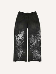 Skull&Cross&Graphic Print Elastic Waist Pants