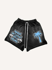 Letter&Tree Faux Decal Print Drawstring Waist Shorts