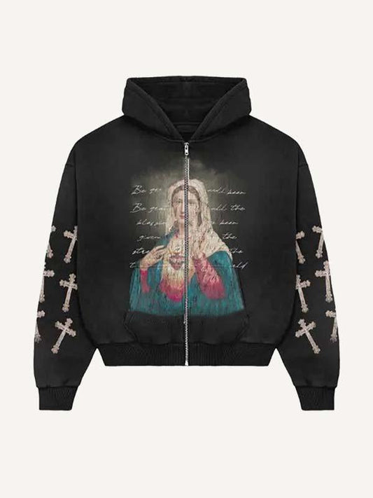 Mary&Letter&Cross Print Zip Up Hooded Coat