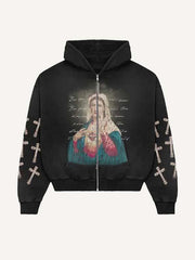 Mary&Letter&Cross Print Zip Up Hooded Coat