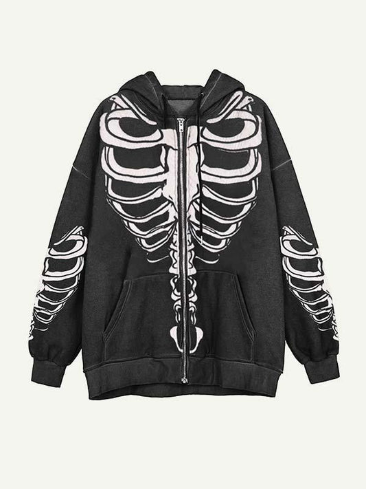 Skeleton Print Zip Up Slant Pockets Hooded Coat