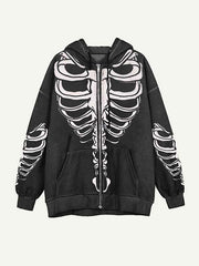 Skeleton Print Zip Up Slant Pockets Hooded Coat