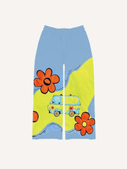 Colorblock Floral&Car&Letter Faux Decal Print Elastic Waist Pants
