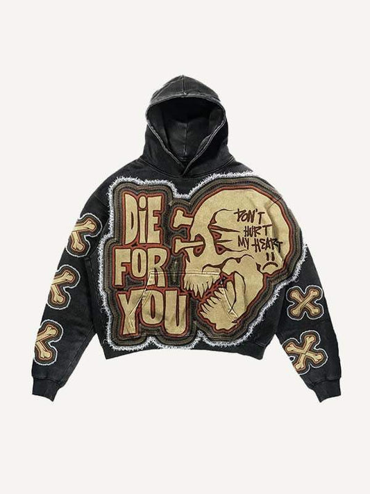 Die For You Kapuzenpullover mit Totenkopf- und Kreuz-Imitat-Aufkleber-Print und schrägen Taschen