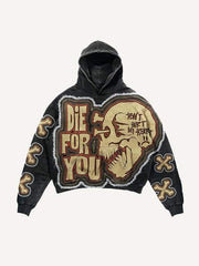 Die For You Skull&Cross Faux Decal Print Slant Pockets Hoodie