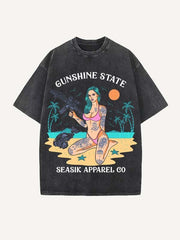 Distressed Washed Gunshing State Figure&Beach Print Round Neck T-shirt