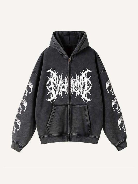 Skull&Letter Print Zip Up Slant Pockets Hooded Coat