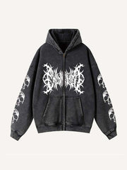 Skull&Letter Print Zip Up Slant Pockets Hooded Coat