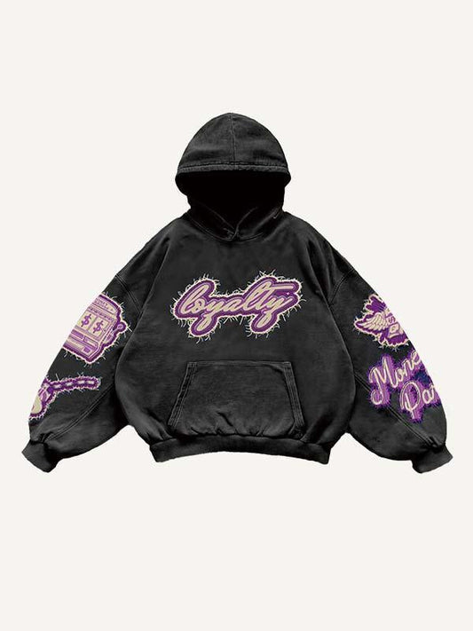 Skull&Letter&Fire&Money&Palm Faux Decal Print Slant Pockets Hoodie