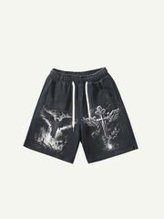 Figure&Cross&Wing Print Drawstring Waist Shorts
