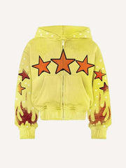 Fire&Star&Letter Print Zip Up Hooded Coat