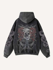 Dragon Print Zip Up Slant Pockets Hooded Coat